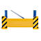 Yellow safety device with black diagonal stripes, mounted on blue metal supports.