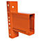 Orange metal shelf bracket with holes and a square shape.
