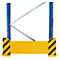 Yellow and black impact protection for a warehouse rack, consisting of steel struts and a horizontal yellow plate.