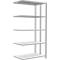 Grijs metalen rek met vijf planken. Ideaal voor opslag in kelder, garage of magazijn. Het rek is vrijstaand.