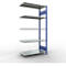 Metalen schap met vijf planken, blauw frame en witte achtergrond.