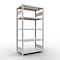 Lichtgrijze metalen stellingkast met vijf niveaus tegen een witte achtergrond.