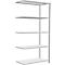 Grijs, leeg rek met vijf niveaus, op een witte achtergrond.
