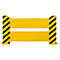 Barrière jaune avec des rayures diagonales noires sur les côtés. Deux poutres horizontales, fixées par des vis.