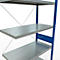 Metalen stellingkast met blauwe steunen en zilveren planken.