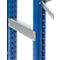 Close-up of a blue shelving system with a silver crossbeam. The construction is fastened with screws.