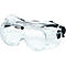 Transparente Schutzbrille mit schwarzem Gummiband und Logo.