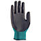 Ein schwarzer Handschuh, mit grünem Bündchen, auf weissem Hintergrund.