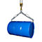Blue oil drum being lifted by a crane with a lifting device.