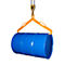 Blue metal barrel held by yellow barrel lifter suspended from chain.