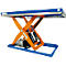 Orange lifting table with blue platform, detail of the mechanics.