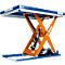 Scissor lift, orange scissor construction with blue table, white background.