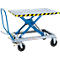 Mobile lifting table, silver color, blue scissor lift, yellow and black marked table edge.