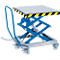 Blue, rolling lift table with yellow and black warning stripes.