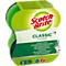 Zwei grüne und gelbe Scotch-Brite-Schwämme in einer Verpackung. Auf der Verpackung steht "CLASSIC scrub sponge".