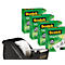 Een zwarte tapedispenser met een rol tape en vier dozen Scotch Magic Tape.