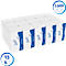 Ein Stapel Scott Essential Papiertücher. Blaue Akzente mit weißem Hintergrund, Text: Scott Essential, 3.600 Tücher.