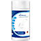 White canister with blue text, MediaRange Screen Cleaning Wipes. Image of a hand pulling a cleaning wipe from the dispenser.