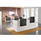 Modern reception desk in a bright ambience, in front of a brick wall. Wooden floor, counter with black elements. Cabinet wall in the background.