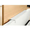 Close-up: Wooden panel meets white, angular metal. The surfaces are smooth and cleanly finished.