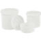 Various white plastic containers with lids, partially opened. The background is white.