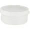 White, round container with lid, against a neutral background. The plastic container has a slightly rounded shape.