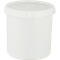 White, round container with lid. Plastic, smooth surface, neutral background.