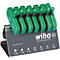 A set of green torx keys standing in a holder with the Wiha logo and size indications.