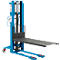 Blue manual forklift. The platform is black, the wheels are red, and the background is white.