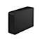 Ordinateur noir et rectangulaire. Le dessus est strié horizontalement, les côtés sont arrondis. La face avant présente un motif diagonal.