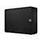 Disque dur externe noir avec une surface texturée. Un logo est apposé sur le côté.