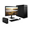 Configuration PC noire avec moniteur, clavier, souris et disque dur externe. Le moniteur affiche un paysage.
