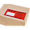 Een verzendtas met het opschrift Packing List - Invoice geplakt op een bruine kartonnen doos.