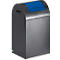 Dark grey trash can with blue lid, angular design, and handle. Minimalist, clean.
