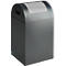 Black waste container with a rounded lid and viewing window. A small slot can be seen on one side.