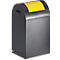 Black trash can with yellow lid. The container has a rounded top and a rectangular shape.