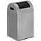 Gray trash can with black top and handle.