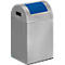 Stainless steel trash can with blue lid. The container has a rounded top shape and a black handle.