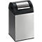 A rectangular, silver trash can with a black lid. An opening with a flap on top.