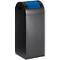 Black waste container with blue lid. The container is rectangular with a rounded top.