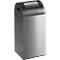 Stainless steel trash can, black lid with opening.