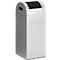 Silver trash can with black slot.