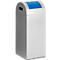 Silver trash can with blue lid. Rounded top, with opening. Upright, smooth, for indoor use.