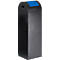 Black waste bin with blue lid. It has a rectangular shape with a rounded top and a slot for waste.