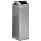 Silver, rectangular trash can with black lid and slot. The bin is standing upright.