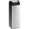 Tall, rectangular metal trash can with black lid. Top: narrow opening. Bottom: green logo.