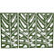 Trois panneaux de feuilles vertes avec des découpes en forme de feuilles blanches suspendus à des cordes noires.