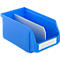 Blue plastic box with white divider and labeling field.