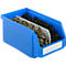 Blue sorting box with three compartments filled with various parts.