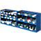 Blue storage boxes with various small parts in compartments. White labels on the boxes.